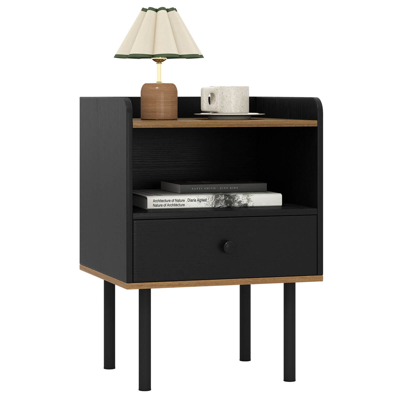 Costway Nightstand Bedside End Table with Drawer & Open Shelf for Living Room Bedroom